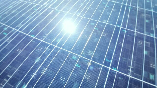 Solar panels generating clean energy, motion graphics concept, digital data