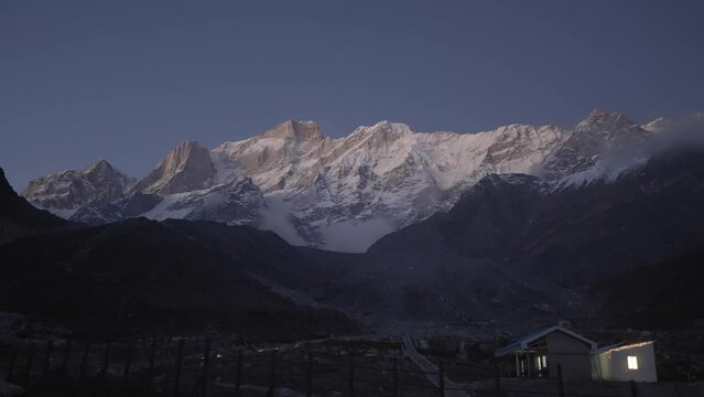Rocky Himalayan Mountains Towering Behind Kedarnath Temple In Uttarakhand, India. Static Shot