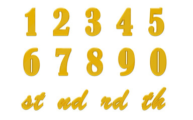 Gold numbers with endings made of golden texture isolated on white background - 3D Illustration