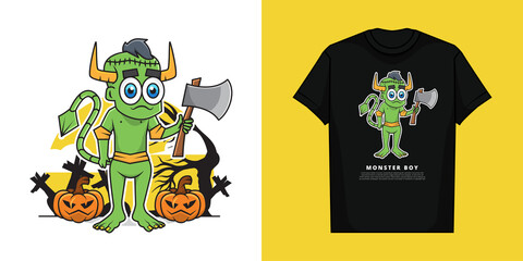 Illustration Vector Graphic of Boy Wearing Monster Costume in the Halloween Day with T-Shirt Mockup Design