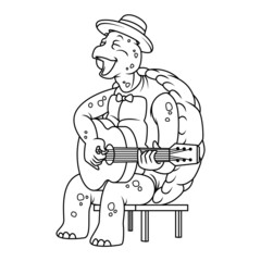 Coloring illustration of cartoon turtle playing an acoustic guitar