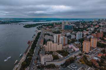 Dnipro, Ukraine. View of the central part of the city, the embankment of the Dnieper. Top view from a great height. Panoramic view of the city. Right bank of the city