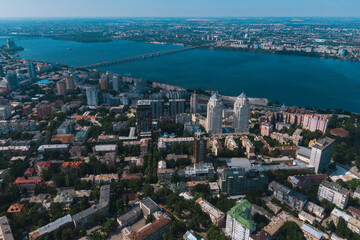 Dnipro, Ukraine. View of the central part of the city, the embankment of the Dnieper. Top view from a great height. Panoramic view of the city. Right bank of the city