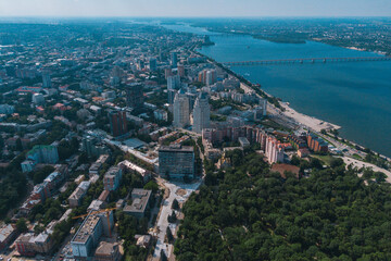 Dnipro, Ukraine. View of the central part of the city, the embankment of the Dnieper. Top view from a great height. Panoramic view of the city. Right bank of the city