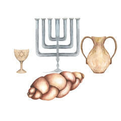 Old vintage utensils for Shabbat. Watercolor painted set of Jewish traditional bread, menorah, candlestick, shofar isolated on white.
