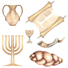 Old vintage utensils for Shabbat. Watercolor painted set of Jewish traditional bread, menorah, candlestick, shofar isolated on white.