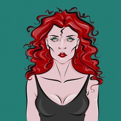 Portrait of a lady with red curly hair and bright colorful makeup.