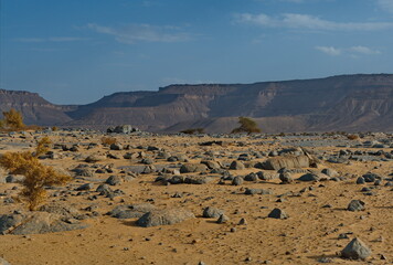 West Africa. Mauritania. Stone placers in the hot sands of the Southwestern outskirts of the Sahara Desert.