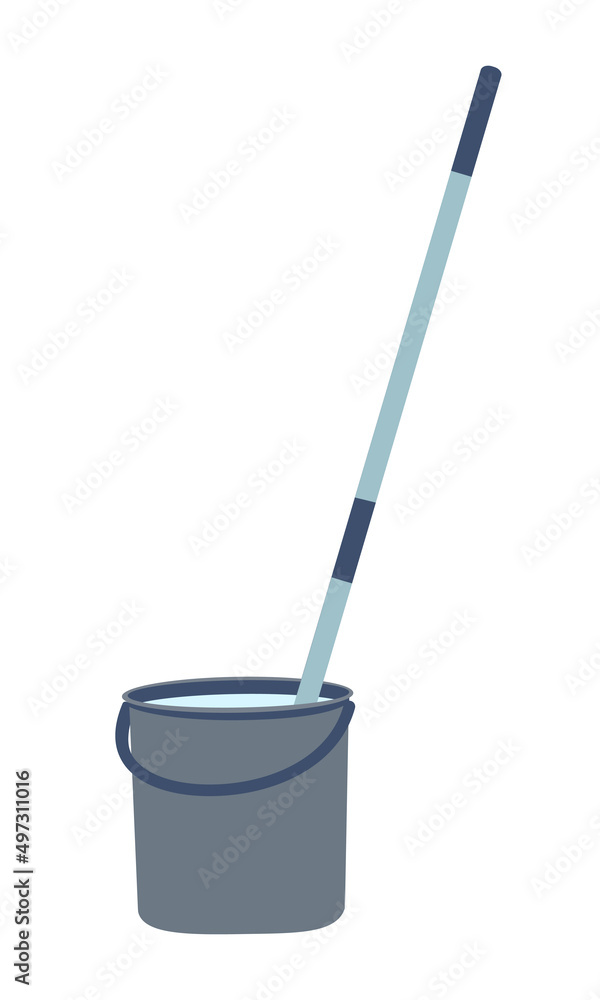Poster mop with bucket semi flat color vector object. full sized item on white. janitorial tool. cleaning e