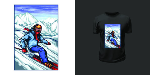 Tshirt design of young man riding on skis on mountain alpine background, winter. Vector illustration in a realistic style - obrazy, fototapety, plakaty