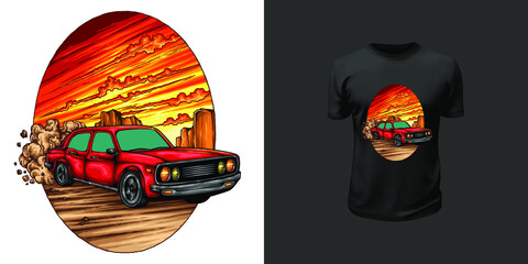 Tshirt Design of retro muscle car speeding in the sunset vector illustration - obrazy, fototapety, plakaty
