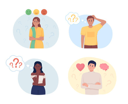 Hesitating people 2D vector isolated illustrations set. Doubtful flat characters on cartoon background. Difficult choice colourful scenes collection for mobile, website, presentation