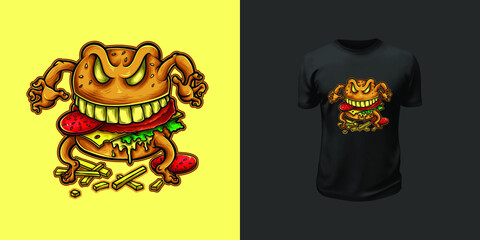 Tshirt design of angry burger mascot character logo design