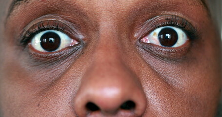 African man SHOCK reaction. Macro close-up person face expression with surprise - obrazy, fototapety, plakaty