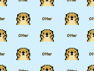 Otter cartoon character seamless pattern on blue background.Pixel style