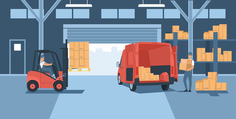 Warehouse with working forklift, cargo van and employees. Vector illustration. - obrazy, fototapety, plakaty
