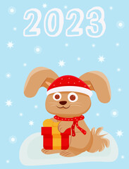 Merry Christmas And Happy New Year. Cute little Rabbit in a Red Hat, a gift box. Winter background.  cartoon illustration. Postcard 2023