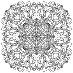 Hand drawn mandala art with flowers and leaves black and white outline. Zentangle scheme for coloring for adults and children. Motifs frames and ornate elements. 
