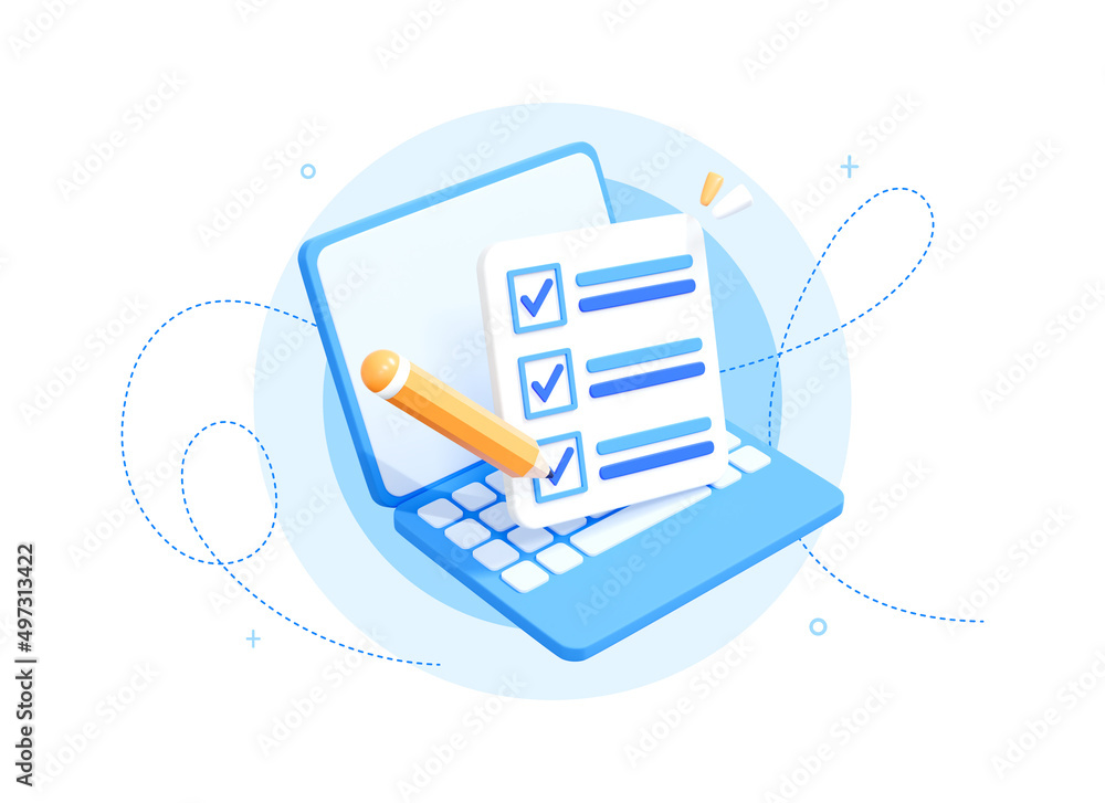 Poster 3d computer laptop with checklist. project task management or to do list. online form survey. busine