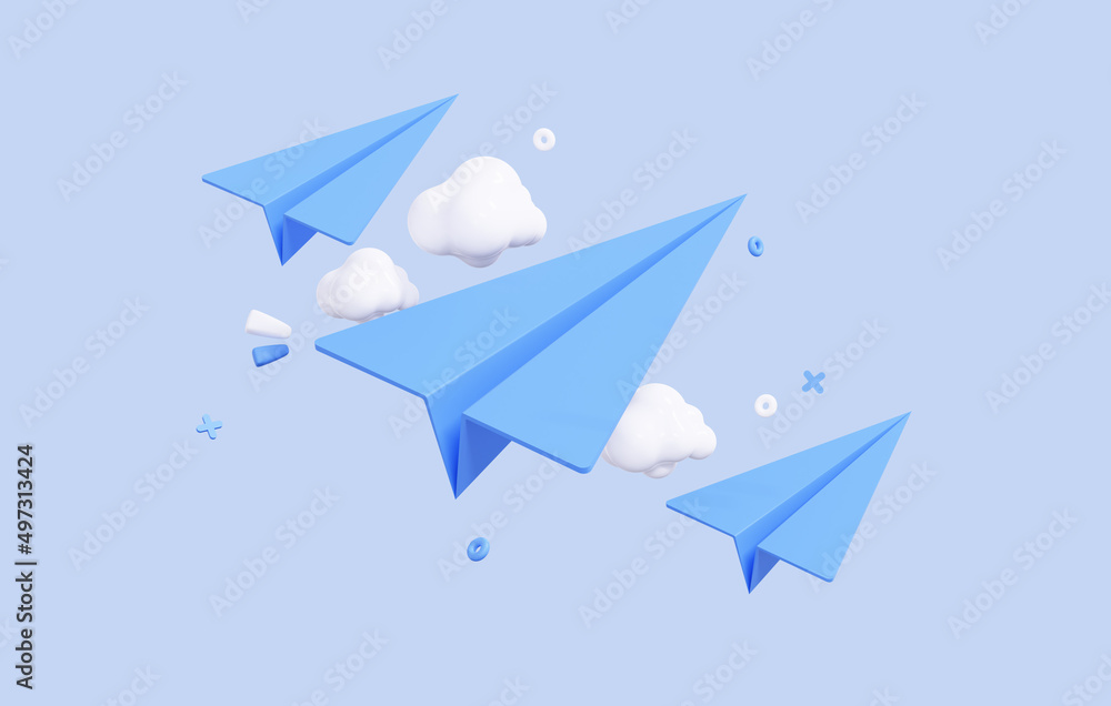 Poster 3d minimal cartoon paper airplanes with clouds. paper plane in sky. send email or message concept. o