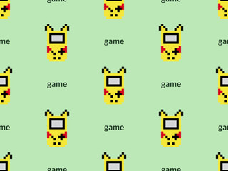 Pocket game cartoon character seamless pattern on green background.Pixel style