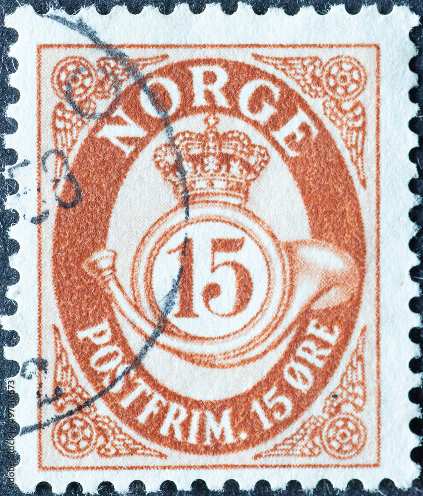 Wall mural norway - circa 1952: a postage stamp from norway , showing a post horn with crown and numeral 15 bro