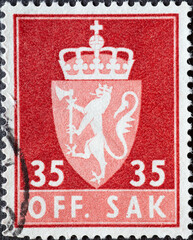 Norway - circa 1955: a postage stamp from Norway, showing the coat of arms of Norway with a crown...