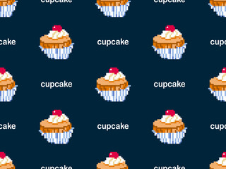 Cupcake cartoon character seamless pattern on blue background.Pixel style