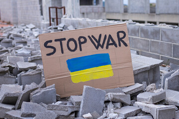 Poster to say no to war around the rubble