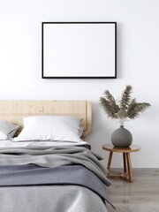 Bedroom with blank horizontal frame mockup, interior decoration with plants. 3d rendering, interior design, 3d illustration