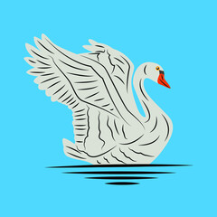 vector with line art style of a swan swimming and flapping its wings