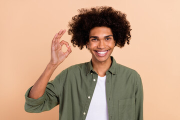 Fototapeta na wymiar Photo of positive candid person hand make okey symbol approve feedback isolated on beige color background