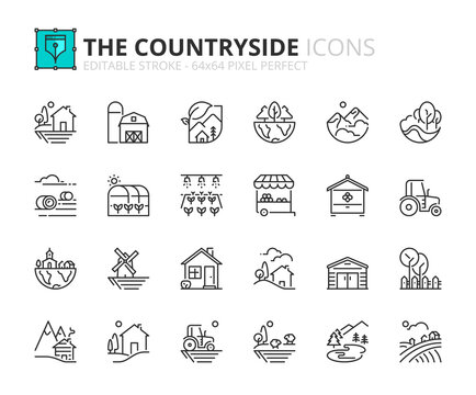 Simple set of outline icons about the countryside