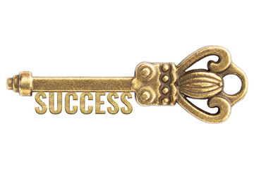 Realistic bronze vintage antique key with word Success isolated on white background