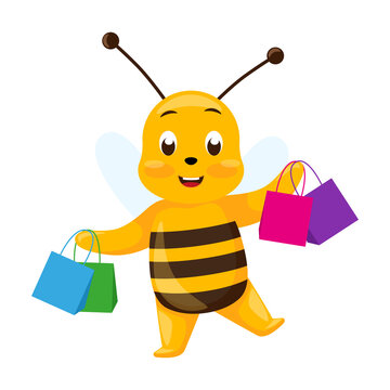 Cute bee going shopping isolated on white background. Smiling cartoon character happy.