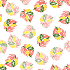 Hand drawn embroidery monstera leaves tropical seamless pattern. Palm leaf endless wallpaper.