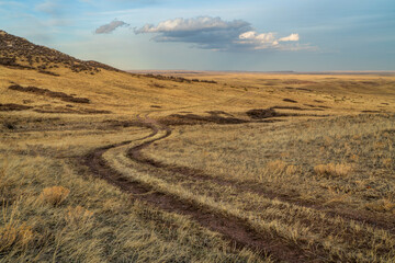 dirt ranch road in grassland in northern Colorado, early spring scenery of Soapstone Prairie Natural Area near Fort Collins