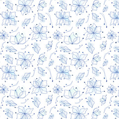 Fototapeta premium Blue flower seamless decorative pattern with graphic and watercolor effects