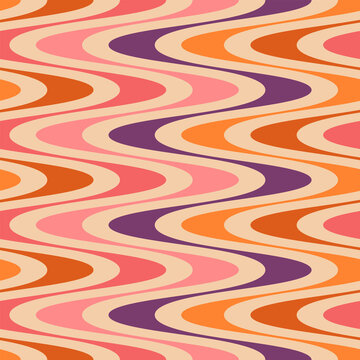 Groovy lines abstract seamless pattern. Retro 1970s nostalgic geometric background. Simple shaped colorful vector print for paper, fabric, surface.