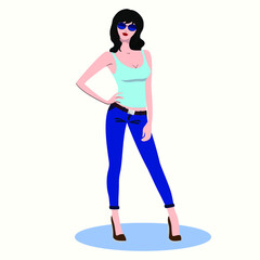 A young brunette girl in a blue tank top, blue jeans on her belt and dark goggles stands coquettishly