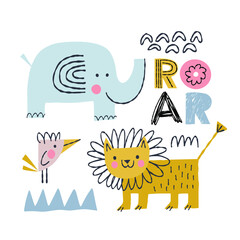 Kids print with a lion, an elephant and a bird in a simple cartoon style. African animals and text for printing on children's clothes, textiles, postcards, toys.
