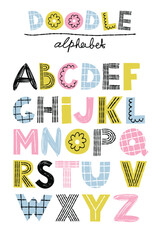 Vector doodle funky decorative font for your design. Colorful modern alphabet for kids. 