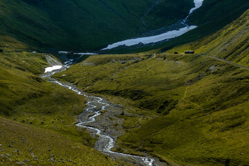 A verdant valley with a winding river starting from a glacier further upstream and cows grazing on the valley floor.