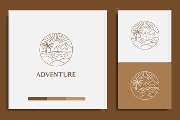 adventure logo design, with mountains and trees icon
