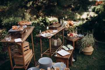 buffet, catering, various canapes and salads in a glass