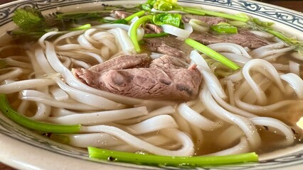 Vietnamese soup Fa Bo on a plate with beef and rice noodles is the unsurpassed taste of it eaten...