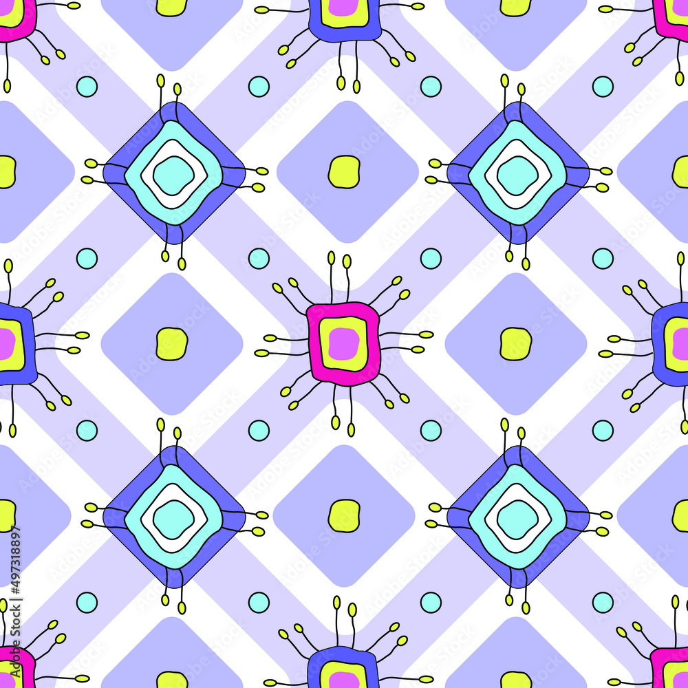 Poster colorful quadrangular figures with antennae are arranged in rows, connected by purple lines. seamles