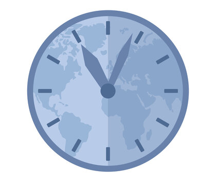 Time zones icon. Clock with world map showing local timezone. International time and date. Worldwide business. Vector flat illustration
