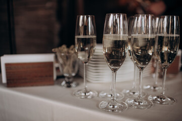 glasses of champagne at a wedding festive buffet