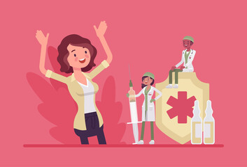 Happy healthy woman, vaccine, booster shot, clinic vaccination. Female patient, medicine service care research, illness prevention. Vector flat style creative illustration, health, healthcare concept